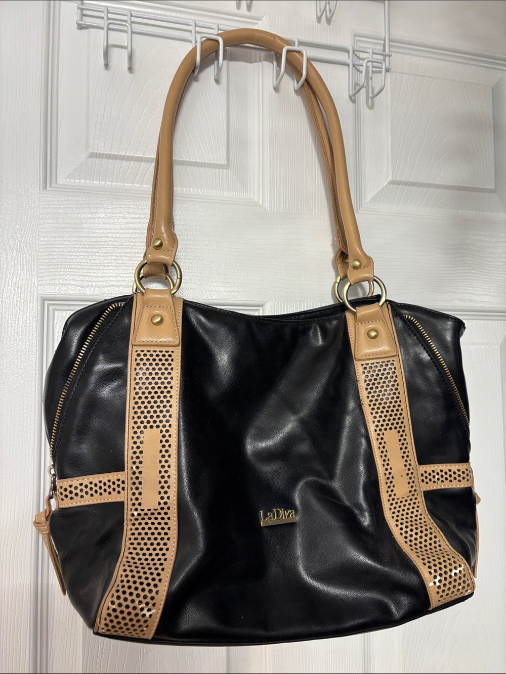 LaDiva Two-Tone Black and Tan Shoulder Bag